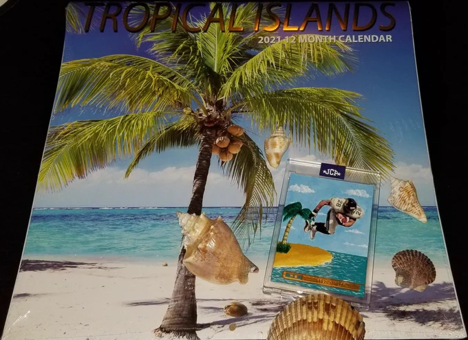 Image depicts a Fred Taylor football trading card with an island, a palm tree, and a teal ocean painted onto it laying on a Tropical Islands wall calendar with five seashells surrounding the card.