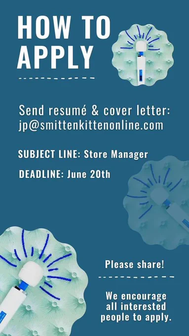 Image Reads: How to Apply

Send resume and cover letter to jp@smittenkittenonline.com

Subject line: Store Manager

Deadline: June 20th

Please share! We encourage all interested people to apply.