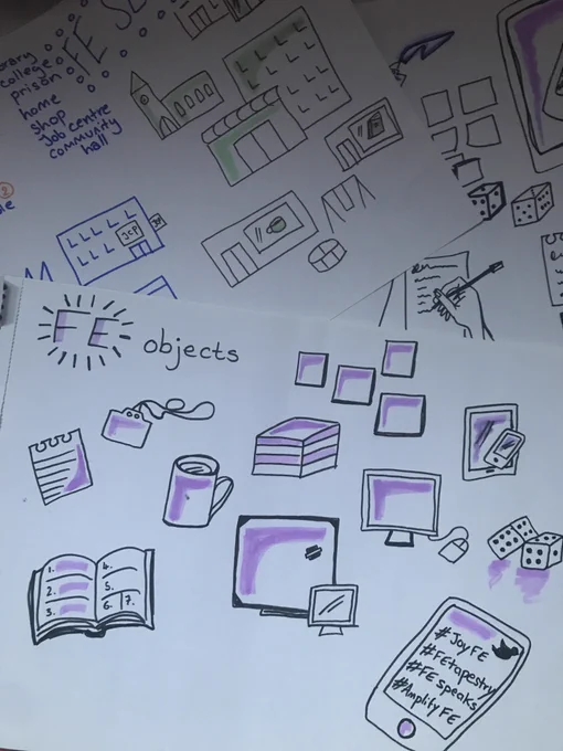 drawings of FE 'objects' and buildings including a phone, computer, book, post it notes, lanyard, library, church and prison.
