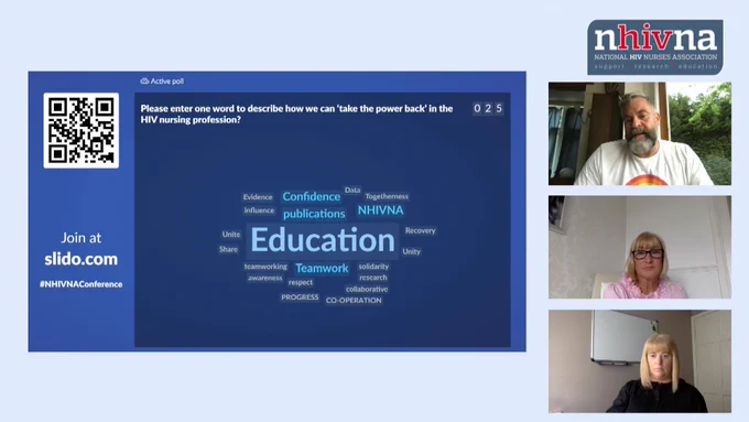 Screen shot of virtual conference, blue rectangle displaying a word map of slido responses to the question how can we take the power back in the HIV nursing profession?  Education being the most shared word in the middle, 3 images down right side of the presenters of this session