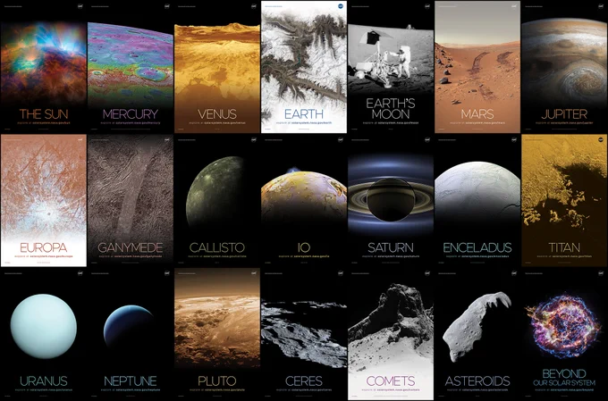 grid of planetary posters showing several planets and moons