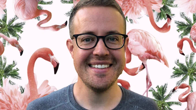 Rob close up on a flamingo background
