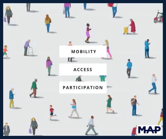 An image of individuals with a range of abilities with text in the centre that says 'MOBILITY ACCESS PARTICIPATION'