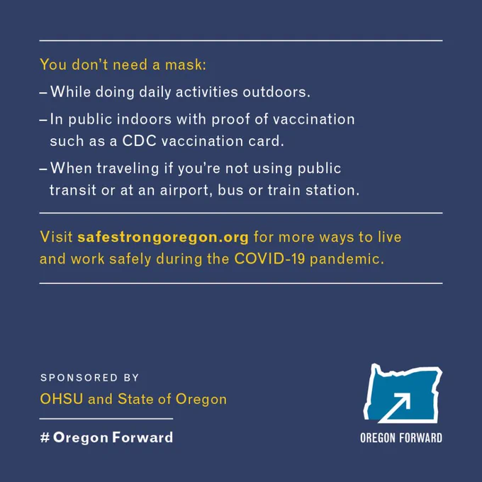 You don’t need a mask:

•	While doing daily activities outdoors.
•	In public indoors with proof of vaccination such as a CDC vaccination card.
•	When traveling if you’re not using public transit or at an airport, bus or train station.
