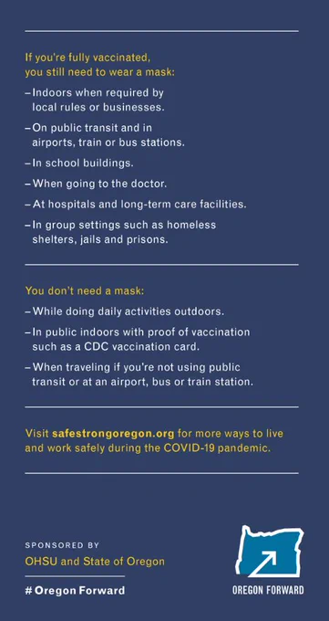 If you’re fully vaccinated, you still need to wear a mask:

•	Indoors when required by local rules or businesses.
•	On public transit and in airports, train or bus stations.
•	In school buildings.
•	When going to the doctor.
•	At hospitals and long-term care facilities.
•	In group settings such as homeless shelters, jails and prisons.

