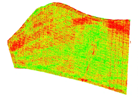 NDVI image of crop in-season; can be used to create simple or complex prescriptions for plant nutrients or crop protection.