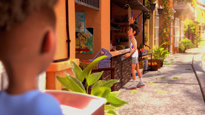 Santiago the main character, looking at Camilo infront of a store,