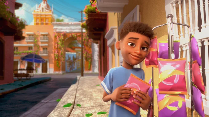 Santiago clutches plastic chips with look of love in his eyes in Colombian streets