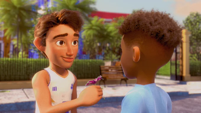 Camilo offers a flower to Santiago with look of adoration infront of a park in the sunset
