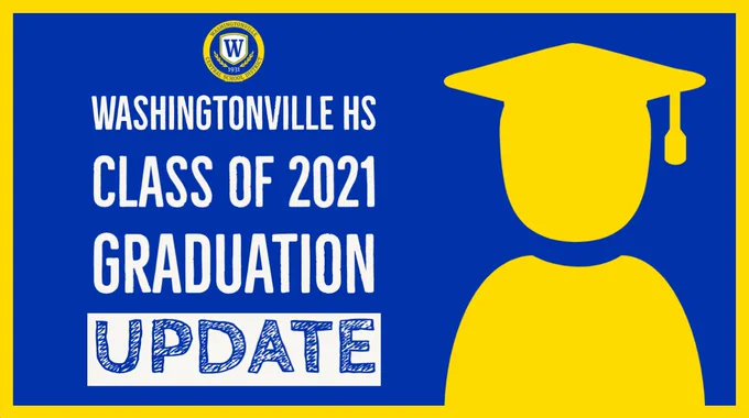 Graphic of Clipart Graduate with text that says "Washingtonville HS Class of 2021 Graduation Update" and Washingtonville CSD Logo.