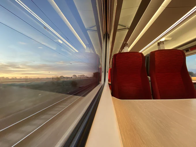 Sunrise passing Northallerton from Azuma carriage window.