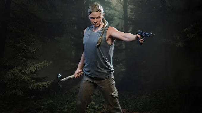Dark Horse The Last of Us Part 2 statue of Abby holding a hammer in her right hand and pointing a gun with her left.