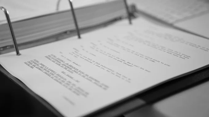ID: a photo of a script in a binder in black and white.