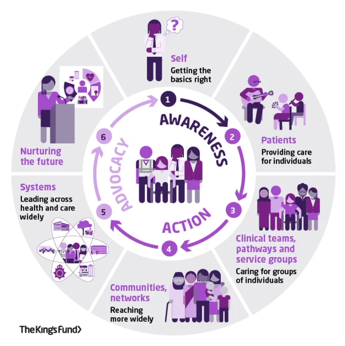 Framework: 1. Self: getting the basics right. 2. Patients: providing care for individuals. 3. Clinical teams, pathways and service groups: Caring for groups of individuals. 4. Communities, networks: reaching more widely. 5. Systems: leading across health and care widely. 6. Nurturing the future.