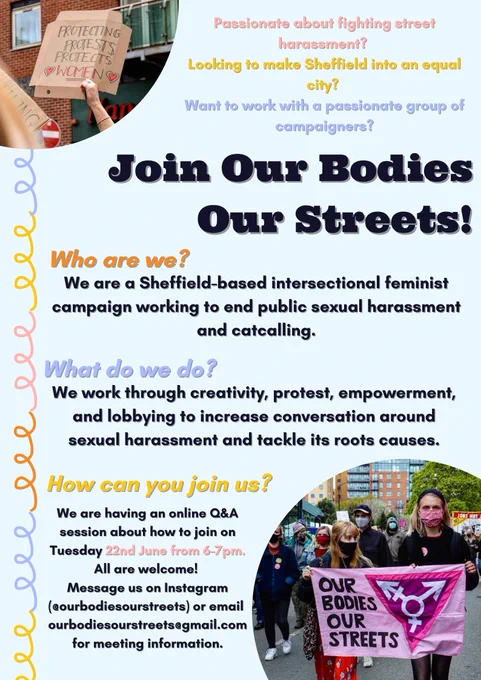Text -  Join Our Bodies Our Streets - come along to Q&A session this Tuesday 6-7pm to get involved - all welcome. Sign up using form link.