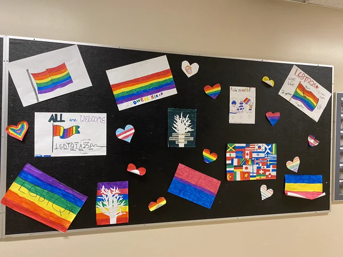 Handmade posters and hearts to celebrate pride month.