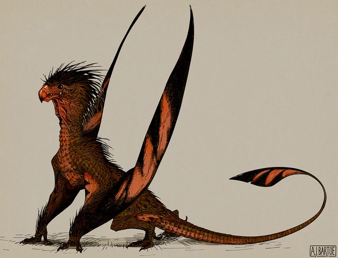 A digital illustration of a brown, hawk-like dragon (or wyvern, technically) with red wings and underbelly. It is covered in scales but has quill-like feathers on its head and back.