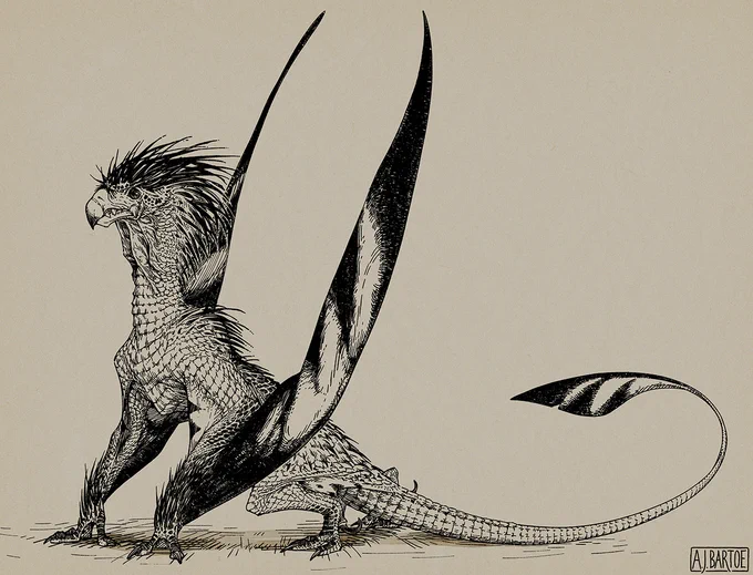 The same dragon from the tweet above but without colors, resembling a pen and ink drawing.