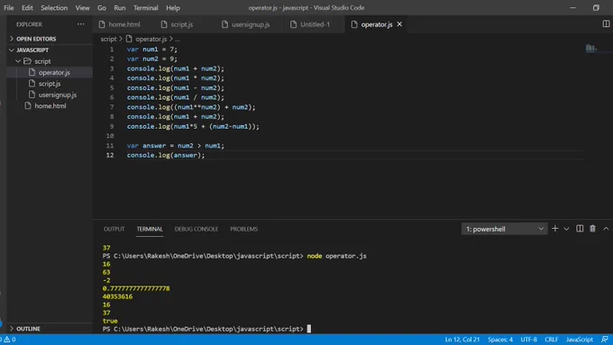Operators used in javascript 
