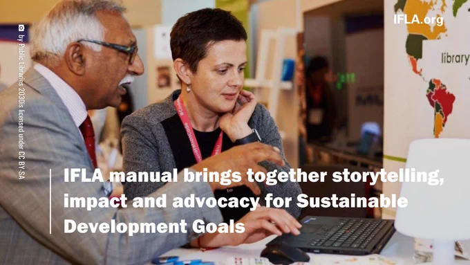 Photo of Kristīne Pabērza-Ramiresa showing the IFLA Library Map of the World on a laptop. Text: IFLA manual brings together storytelling, impact and advocacy for Sustainable Development Goals