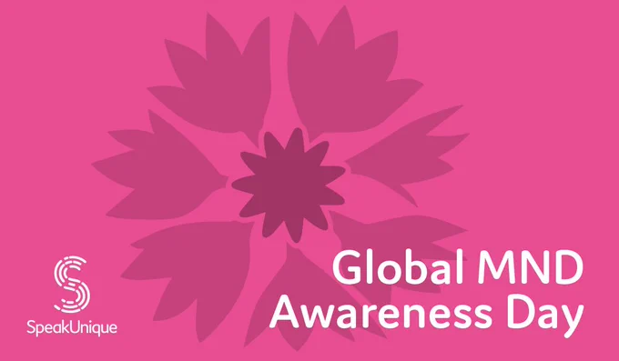 Global MND Awareness Day. An illustration of a cornflower is shown in the centre of a pink background.