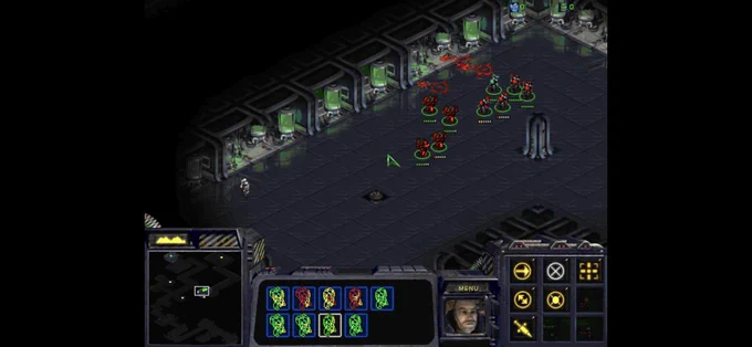 StarCraft screenshot with some troops selected so they're standing in highlight-circles