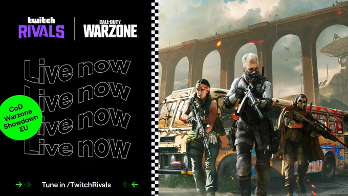 Image of Call of Duty Warzone with 3 characters walking in front a bus and bridge with explosions behind them in Verdansk (map of Warzone)

Twitch Rivals CoD Warzone Showdown EU Logo

tune in /twitchrivals