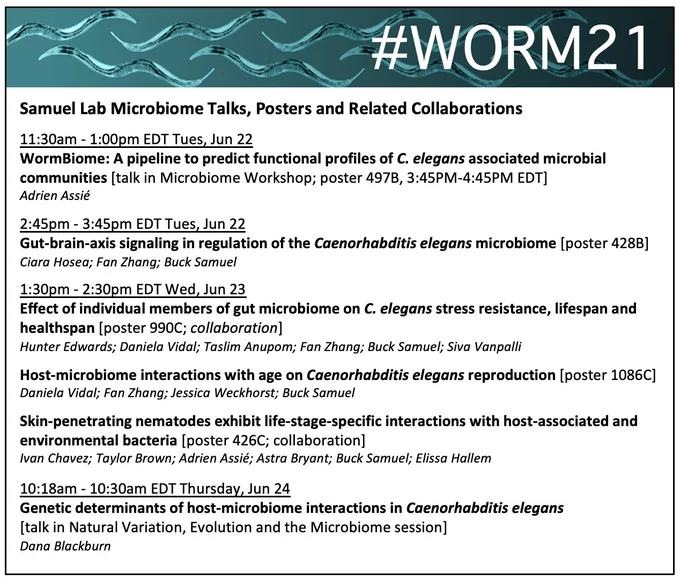 Samuel Lab Microbiome Talks, Posters and Related Collaborations

11:30am - 1:00pm EDT Tues, Jun 22
WormBiome: A pipeline to predict functional profiles of C. elegans associated microbial communities [talk in Microbiome Workshop; poster 497B, 3:45PM-4:45PM EDT]
Adrien Assié 

2:45pm - 3:45pm EDT Tues, Jun 22
Gut-brain-axis signaling in regulation of the Caenorhabditis elegans microbiome [poster 428B]
Ciara Hosea; Fan Zhang; Buck Samuel

1:30pm - 2:30pm EDT Wed, Jun 23
Effect of individual members of gut microbiome on C. elegans stress resistance, lifespan and healthspan [poster 990C; collaboration]
Hunter Edwards; Daniela Vidal; Taslim Anupom; Fan Zhang; Buck Samuel; Siva Vanpalli

Host-microbiome interactions with age on Caenorhabditis elegans reproduction [poster 1086C]
Daniela Vidal; Fan Zhang; Jessica Weckhorst; Buck Samuel

Skin-penetrating nematodes exhibit life-stage-specific interactions with host-associated and environmental bacteria [poster 426C; collaboration]
Ivan Chavez; Ta