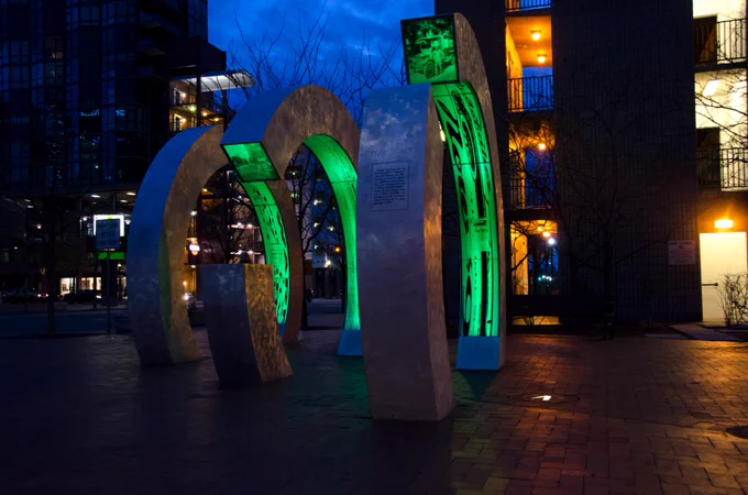 Image: Grove Street Illuminated & Boise Canal (2003) by Amy Westover located at Grove & 9th Street in downtown Boise is the first work commissioned through the City of Boise's Percent for Public Art Ordinance.