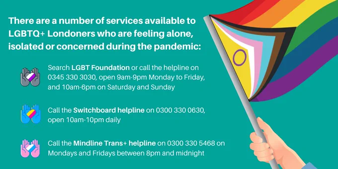 On a green background, there is an illustration of a gay pride flag . To the left it reads, There are a number of services available to LGBT  Londoners who need support during the coronavirus pandemic: Search LGBT Foundation or call the helpline on 0345 330 3030, Call Switchboard’s helpline on 0300 330 0630, 10am-10pm daily or Call the Mindline Trans  helpline on 0300 330 5468, Mondays and Fridays, 8pm-12am