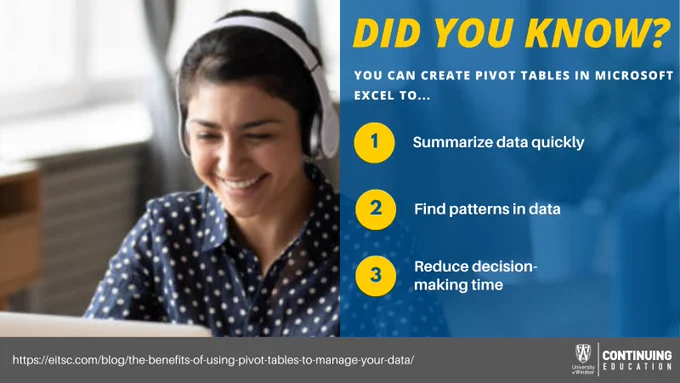 Woman wearing headphones, working at computer and smiling
