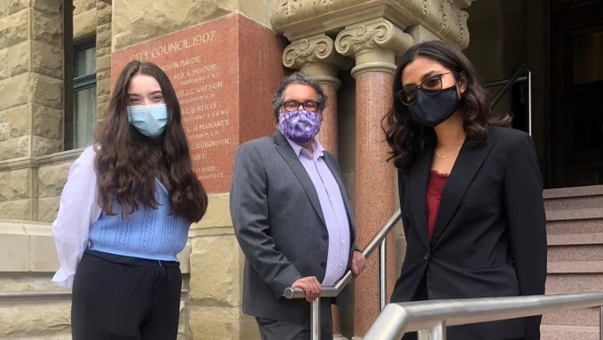 Mayor for a Day Winners: Kennedy Berger (left) and Tanisha Dosani (right) with Mayor Naheed Nenshi (middle) outside Calgary City Hall