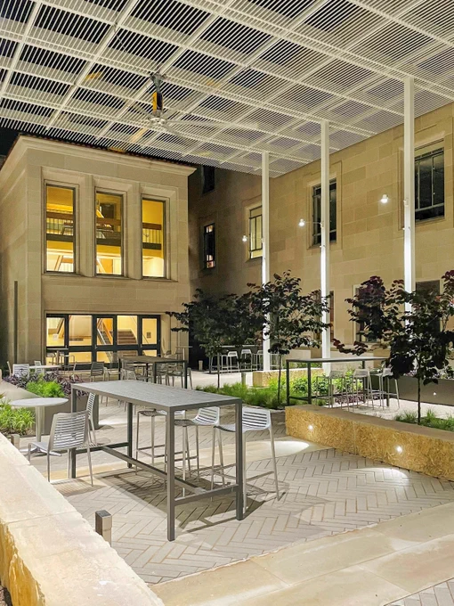 The UT Townes Hall Courtyard and Plaza renovation focuses on creating functional outdoor spaces that offer shady respite for study groups and large gatherings. 