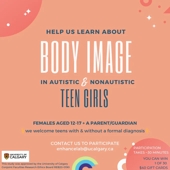 Orange poster with the University of Calgary and Enhance Lab logos on it. Text at the top reads help us learn about body image in autistic and nonautistic teen girls. Females aged 12-17 and a parent/guardian. We welcome teens with and without a formal diagnosis. Participation takes approximately 30 minutes. You can win 1 of 30 $40 gift cards. Contact us to participate at enhancelab@ucalgary.ca. This study has been approved by the University of Calgary Conjoint Faculties Research Ethics Board REB20-0190.