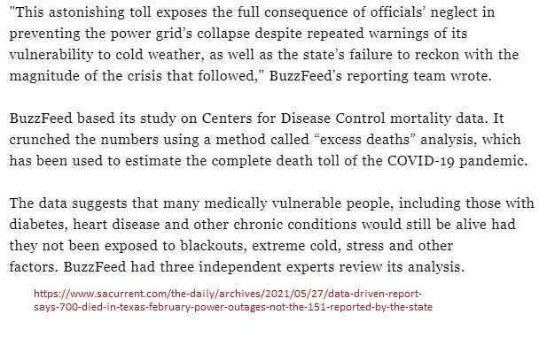 "This astonishing toll exposes the full consequence of officials’ neglect in preventing the power grid’s collapse despite repeated warnings of its vulnerability to cold weather, as well as the state’s failure to reckon with the magnitude of the crisis that followed," BuzzFeed's reporting team wrote.

BuzzFeed based its study on Centers for Disease Control mortality data. It crunched the numbers using a method called “excess deaths” analysis, which has been used to estimate the complete death toll of the COVID-19 pandemic.

The data suggests that many medically vulnerable people, including those with diabetes, heart disease and other chronic conditions would still be alive had they not been exposed to blackouts, extreme cold, stress and other factors. BuzzFeed had three independent experts review its analysis.
https://www.sacurrent.com/the-daily/archives/2021/05/27/data-driven-report-says-700-died-in-texas-february-power-outages-not-the-151-reported-by-the-state
