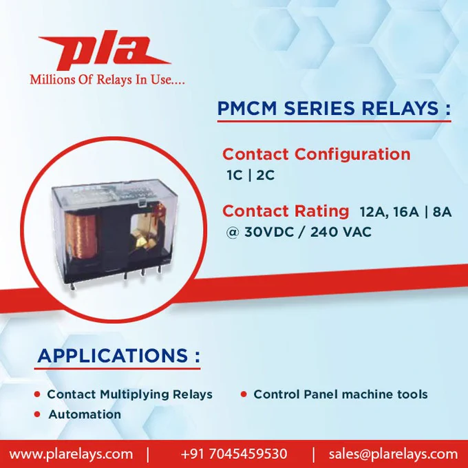 
PMCM series Relay
Contact Configuration
1C & 2C
Contact Rating
12A , 16A / 8A
@ 30 VDC / 240 VAC

www.plarelays.com
sales@plarelays.com

stay updated for more details 
https://www.instagram.com/plarelays/

#plarelays #pluguinrelay #reedrelay #sip #dip #contact #configuration #Ac #Dc #mccp #pm