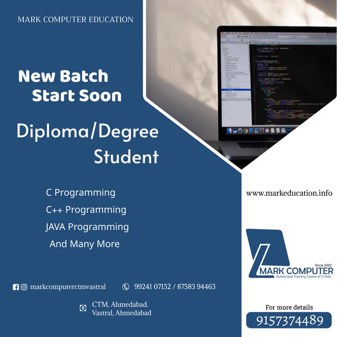 Are you finding best #computerinstitute #nearby you, then why are you #waiting !!! Visit today #Mark #Computer Education.

New Batch will start soon for Diploma/Degree Student.

Learn #computerbasic
#ccc
#msoffice

Learn Computer #programminglanguage
#cprogramminglanguage
#cplusplus
#javaprogramming
#pythonprogramming

Learn #webdevelopment course's
#webdesigning
#html5
#css3
#javascript
#phpdevelopment
#phpframeworks
#cmsdevelopment
#aspdotnet

visit website: https://lnkd.in/dZ_3y3M

For more details contact us on 87583 94463, 99241 07152.
whatsapp on 91573 74489.