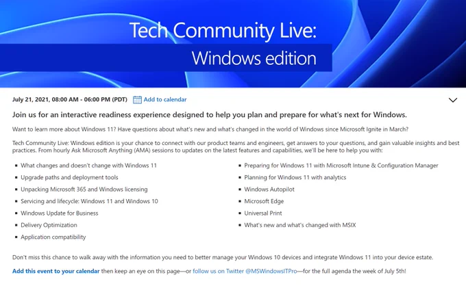 Screenshot of the landing page for the Tech Community Live Windows event.