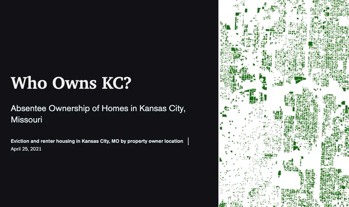Built a thing with the support of friends here in KC to explore evictions and renter home property owners in Kansas City, MO.

A look into absentee ownership of homes in the city.

https://arcg.is/1K94Ge