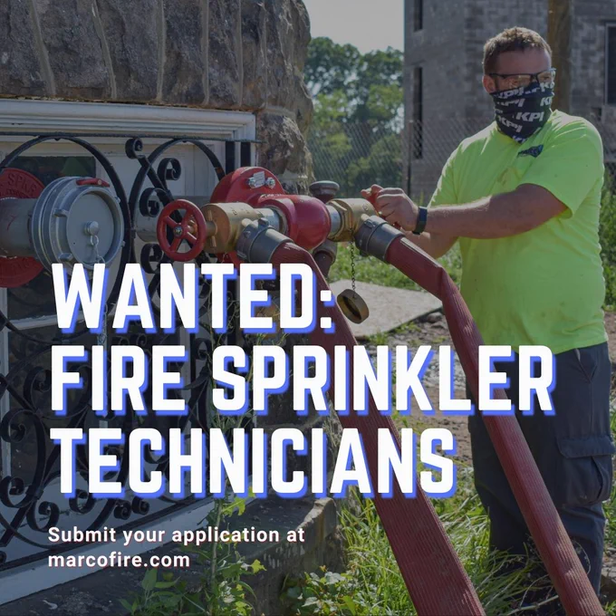 Wanted: fire sprinkler technicians. Submit your application at marcofire.com/careers