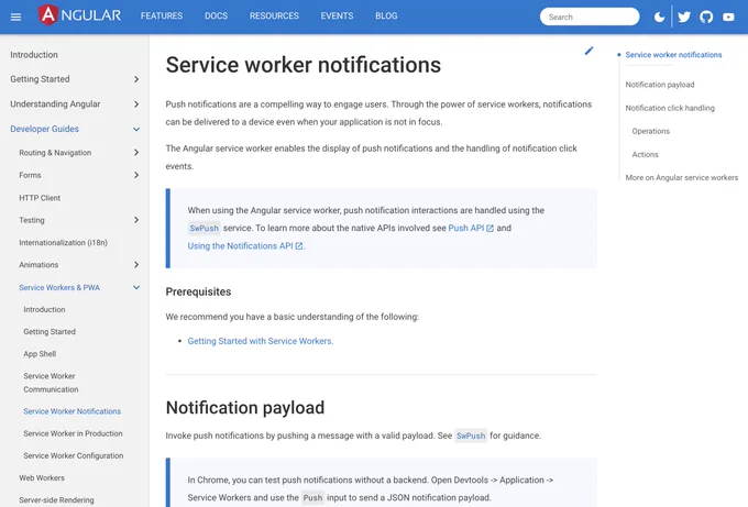 Screenshot of angular.io Service worker notifications documentation page