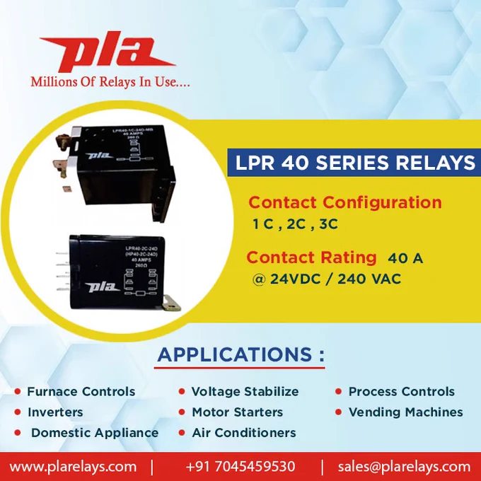 LPR 40 Series Relay
Contact Configuration 
1C ,2C & 3C
Contact Rating
40A
@ 24 VDC / 240 VAC

www.plarelays.com
sales@plarelays.com

stay updated for more details 
https://www.instagram.com/plarelays/

#plarelays #pluguinrelay #reedrelay #sip #dip #contact #configuration #lpr40 #Dc #mccp #pmcm #lpr #reedrelay #electric #electricalmarket #automotive #pcbmountrelay #powerrelay #industrial #controlpanel #stabilizer #inverter #temperature #technology #electromechanical #state #relay #power #shoutout #rainy #solid #deltaplusvariant