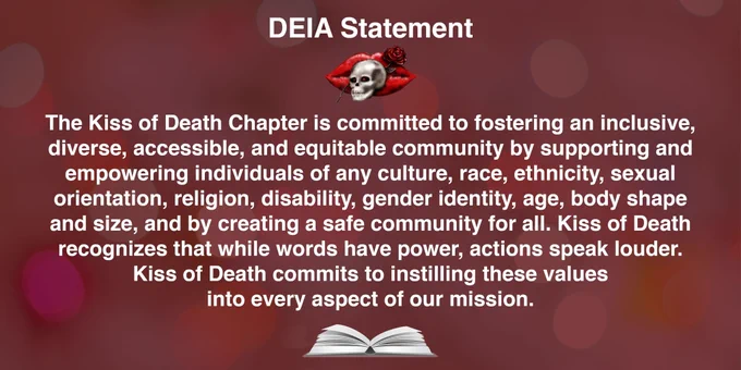 The image contains the same text as the tweet, and it has an image of an open book as well as of Kiss of Death Chapter's logo, which is lips, a skull, an a rose.