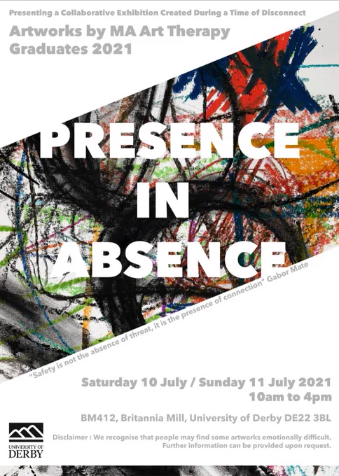 Abstract art in primary colours and black circles created with crayons with 'PRESENCE IN ABSENCE' in large white graphic text over the imagery