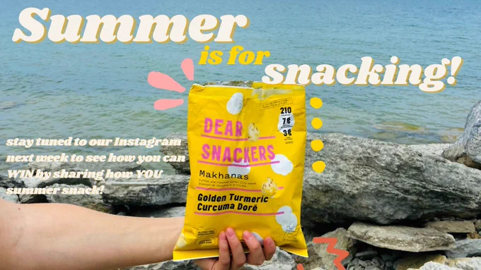 Summer is for snacking! image of our makhana in front of a lake background, letting our followers know we have a summer contest coming next week!