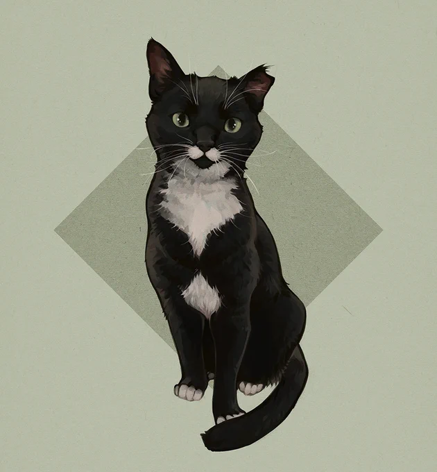 A digital painting of a black and white tuxedo cat named Digby, owned by Libby Watson.