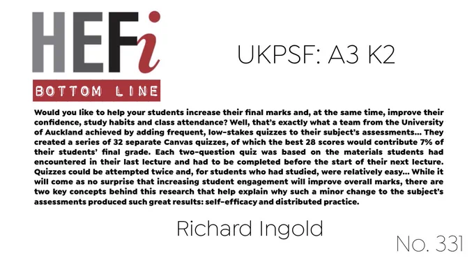 Would you like to help your students increase their final marks and, at the same time, improve their confidence, study habits and class attendance? Well, that’s exactly what a team from the University of Auckland achieved by adding frequent, low-stakes quizzes to their subject’s assessments… They created a series of 32 separate Canvas quizzes, of which the best 28 scores would contribute 7% of their students’ final grade. Each two-question quiz was based on the materials students had encountered in their last lecture and had to be completed before the start of their next lecture. Quizzes could be attempted twice and, for students who had studied, were relatively easy… While it will come as no surprise that increasing student engagement will improve overall marks, there are two key concepts behind this research that help explain why such a minor change to the subject’s assessments produced such great results: self-efficacy and distributed practice.