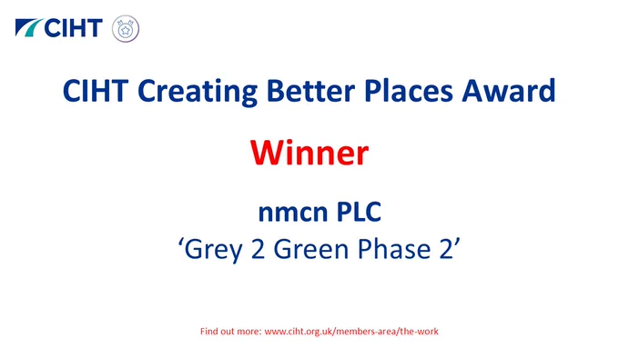 📢The winners of the #CIHT Creating Better Places 🏆are: @nmcnplc with their ‘Grey 2 Green Phase 2’. Congratulations!

#CIHTAwards

Find out more https://www.ciht.org.uk/events-listing/featured-events/ciht-awards/2021-shortlist/ciht-creating-better-places-award-2021/ 