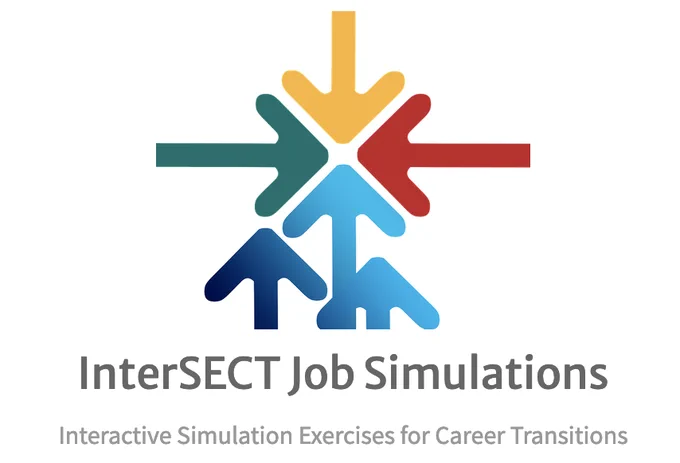 Colored arrow pointing to the center. InterSECT Job Simulations. Interactive Simulation Exercises for Career Transitions.