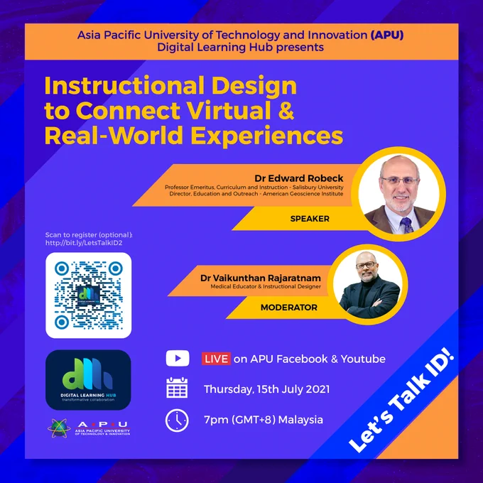 While some learning experiences can be shifted to fully online formats, others require real-world interactions within specific facilities for practical learning outcomes to be realized. This presentation aims to outline the principles of instructional design and media development that can be used to meaningfully integrate virtual and real-world experiences, so that the two are mutually supportive in ways that enhance learning. These instructional design principles draw from several areas, including learning from media, place-based education, and community-focused pedagogies. Examples from work done with formal and informal educators during the COVID-19 pandemic will be used to illustrate the applications of these principles. A framework of meta-knowledge - originally designed for the training of trainers - will be used to outline additional considerations that contribute to successful instructional design and delivery.

Click here to register: http://bit.ly/LetsTalkID2
